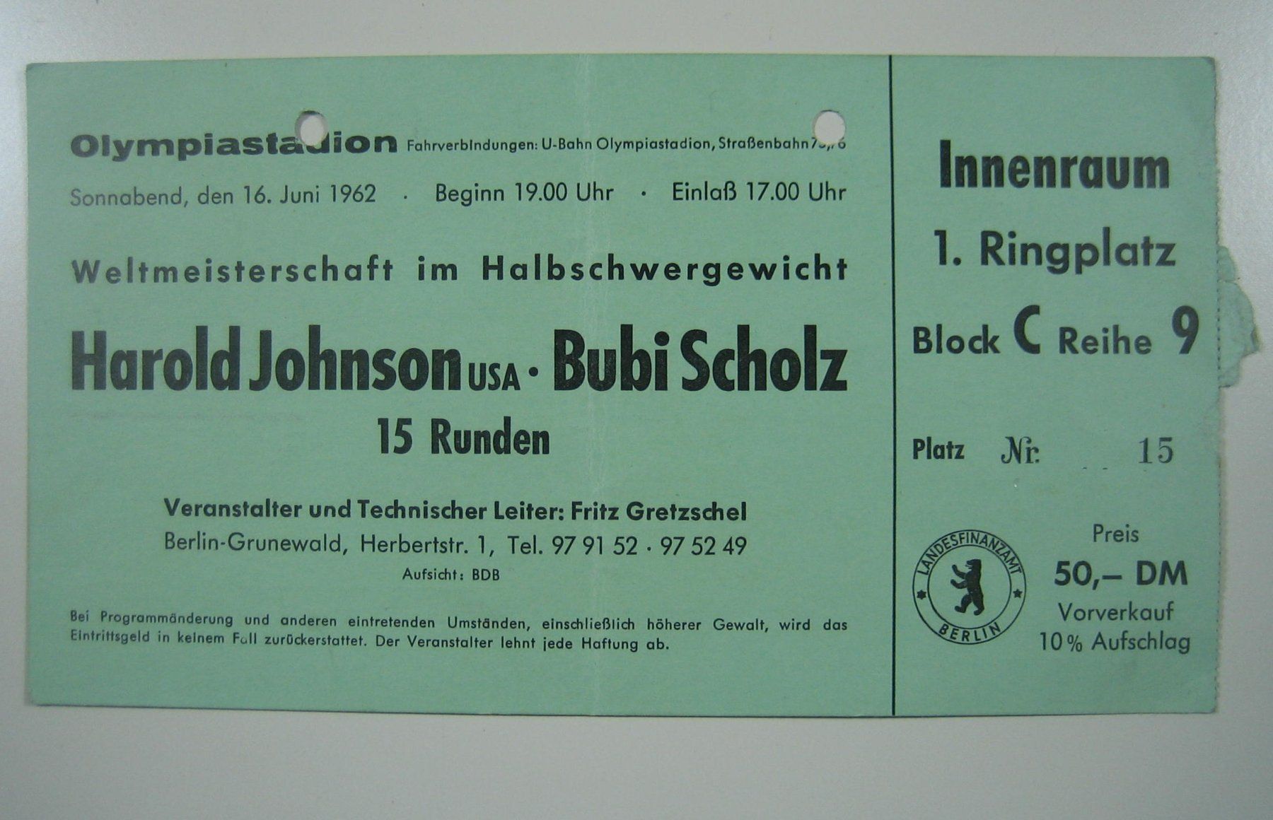 Biglietti: BUBI SCHOLZ BOXKAMPF-TICKET 1962 – Usato da Zug venduto da Coffeeshop