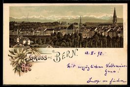 Lithographie Bern, Totalansicht aus der Vogelschau mit Kirch