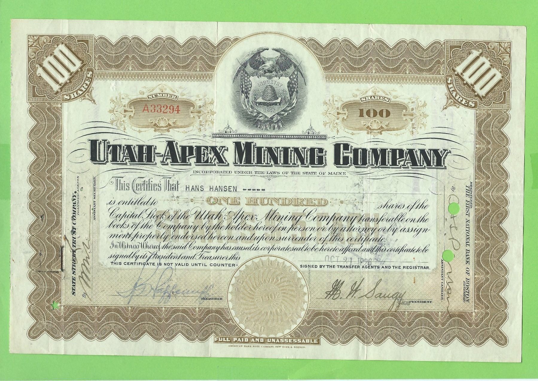 Alle Münzen: Utah-Apex Mining Company, 1926 – Gebraucht aus Zürich von t24_de