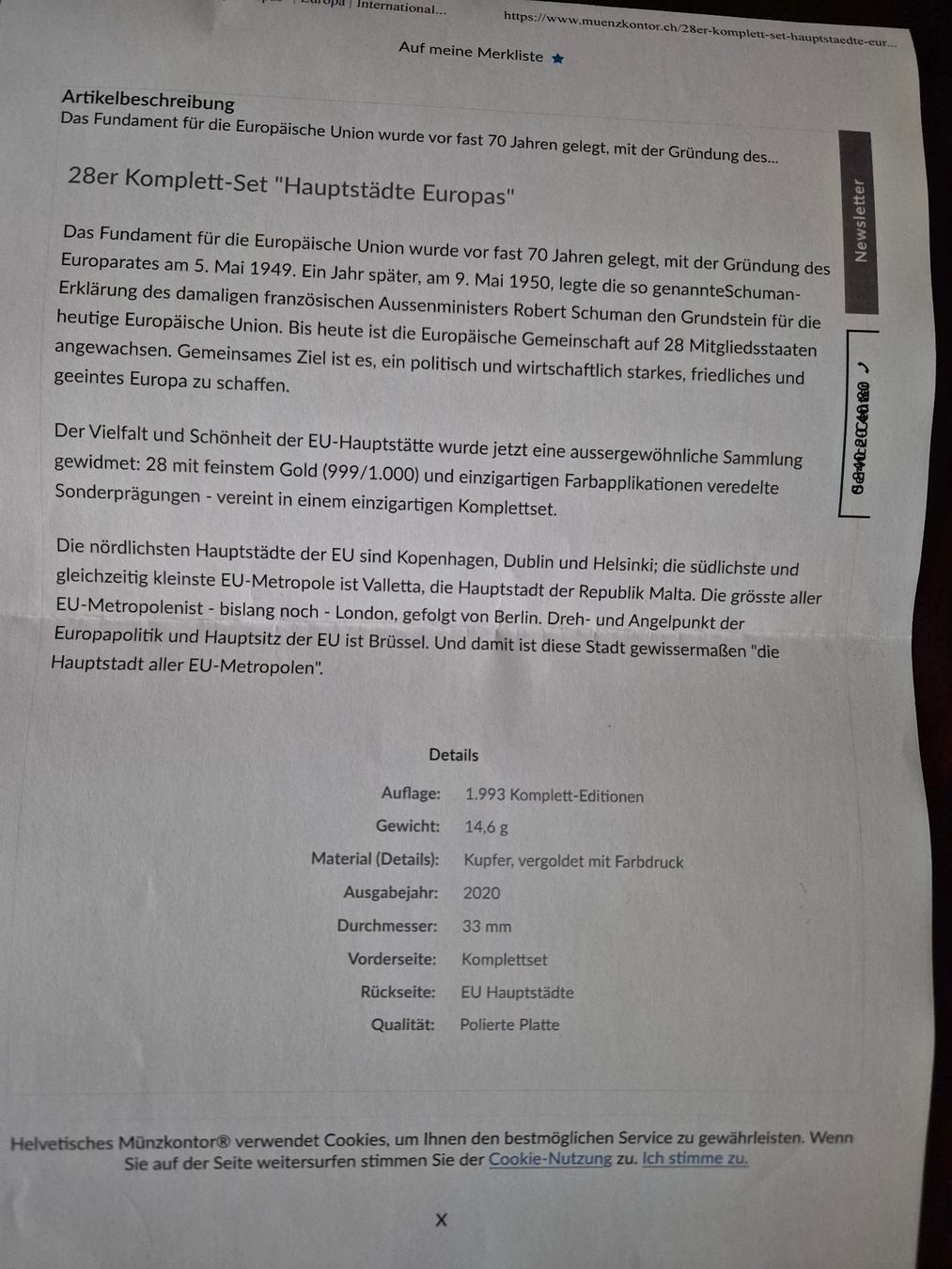 Tutti le monete: 28er Komplett- Set Hauptstädte Europas – Nuovo (secondo la descrizione) da Hünikon venduto da operapeter 6