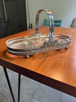 Antikes Silbertablett, Glas-Schale, 4 Fächer, Vintage 