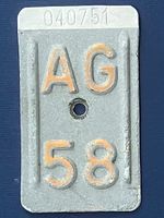 AG 58 - VELONUMMER - FAHRRADSCHILD - PLAQUE DE VELO - AG 58