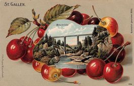 St. Gallen, Sitterbrücke auf Kirschen, Litho & Prägekarte