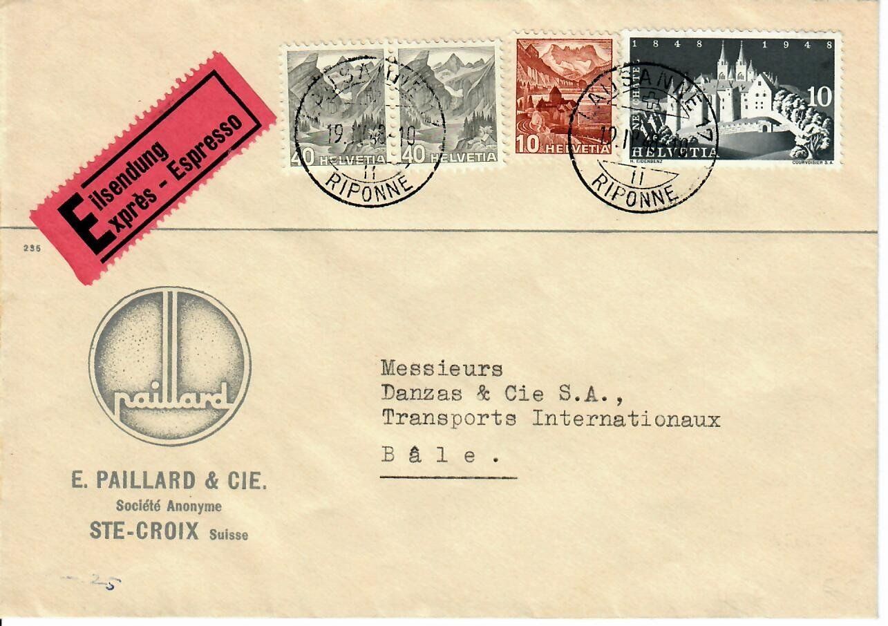 Alle Briefmarken: Express, E. Paillard Ste.Croix - Telegraph Basel 1948 – Gebraucht aus Hochdorf von Ziegel-16