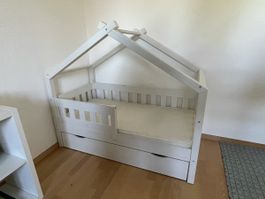 Kinder-Hausbett, weiss, mit Schublade 