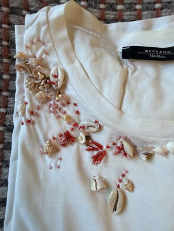 T-Shirt Weekend Max Mara Weiss Muschel Perlen Grösse S