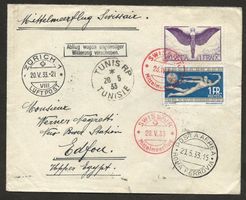 Flugpost Schweiz 1933 Zürich Tunis ZH Alexandrien Luftpost