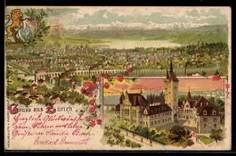 Lithographie Zürich, Ortsansicht mit See und Viadukt