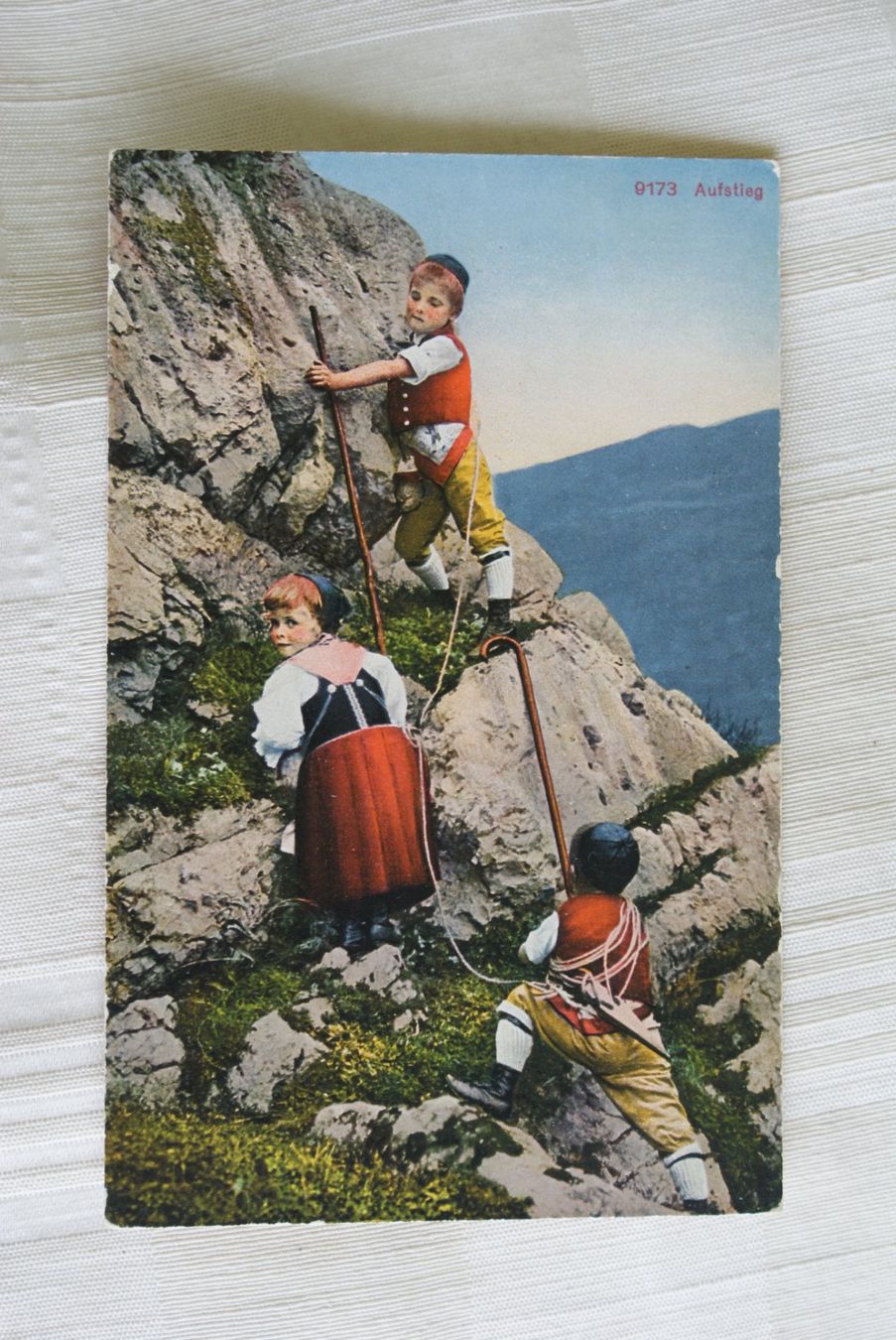 Cartoline postali: Appenzeller Trachten-Kinder beim Klettern mit Heuseil – Usato da Herisau venduto da Saentis1