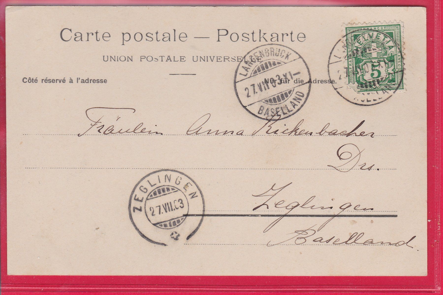 Ansichtskarten: LANGENBRUCK MIT SANATORIUM, 27.7.1903 – Gebraucht aus Oberrieden von Gebirgsstelze 1