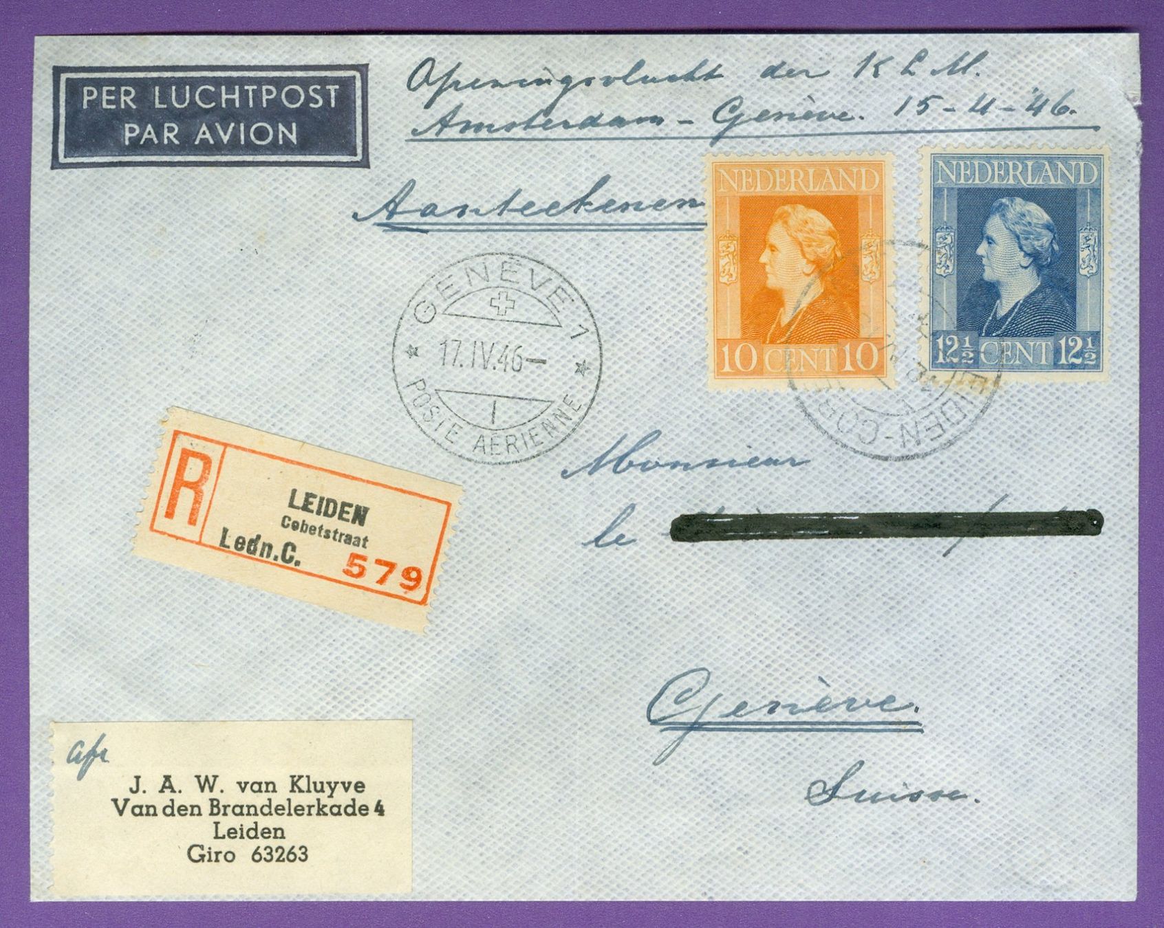 Tutti i francobolli: 1946 Niederlande Flugpost RF – Usato da Zürich venduto da yago-rot