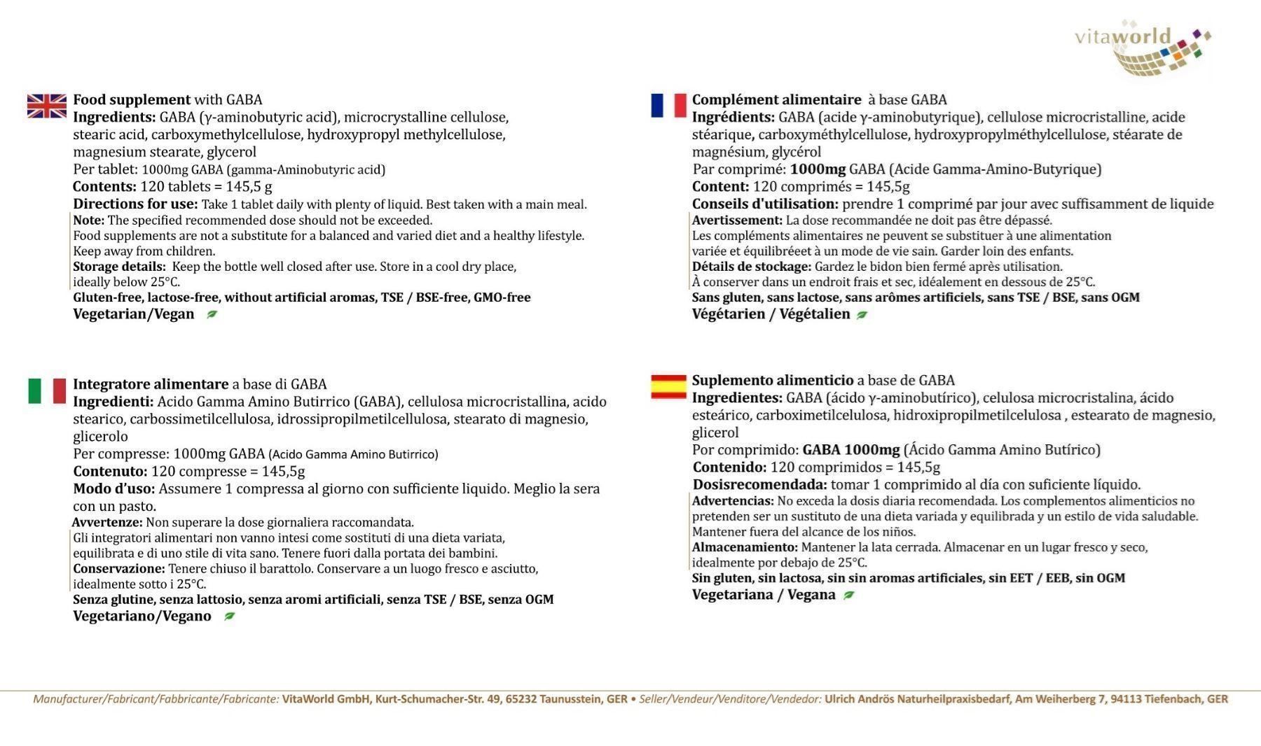 Cibi & Specialità: GABA 1000mg 120 Vegi Tabletten – Nuovo e nell'imballaggio originale da Tiefenbach venduto da nhp-bedarf 2