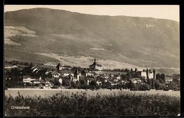 AK Grandson, Ortsansicht mit Schloss und Kirche am See