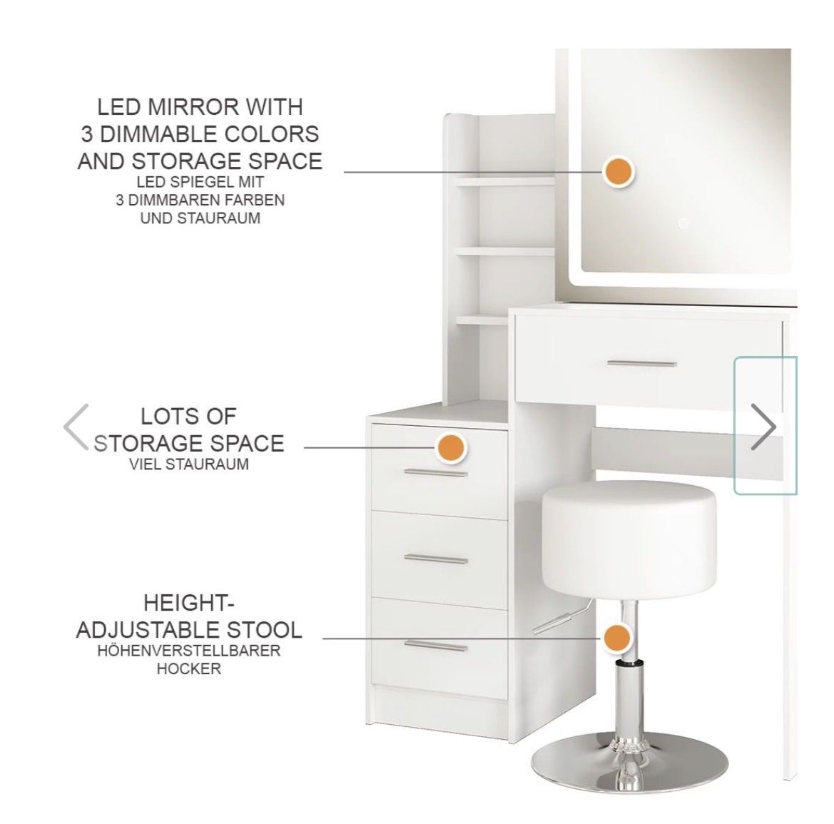 Schminktische: Dressing Table with LED Mirror but WITHOUT Stool White – Neu und originalverpackt aus Wohlen AG von bongo8nunu 4
