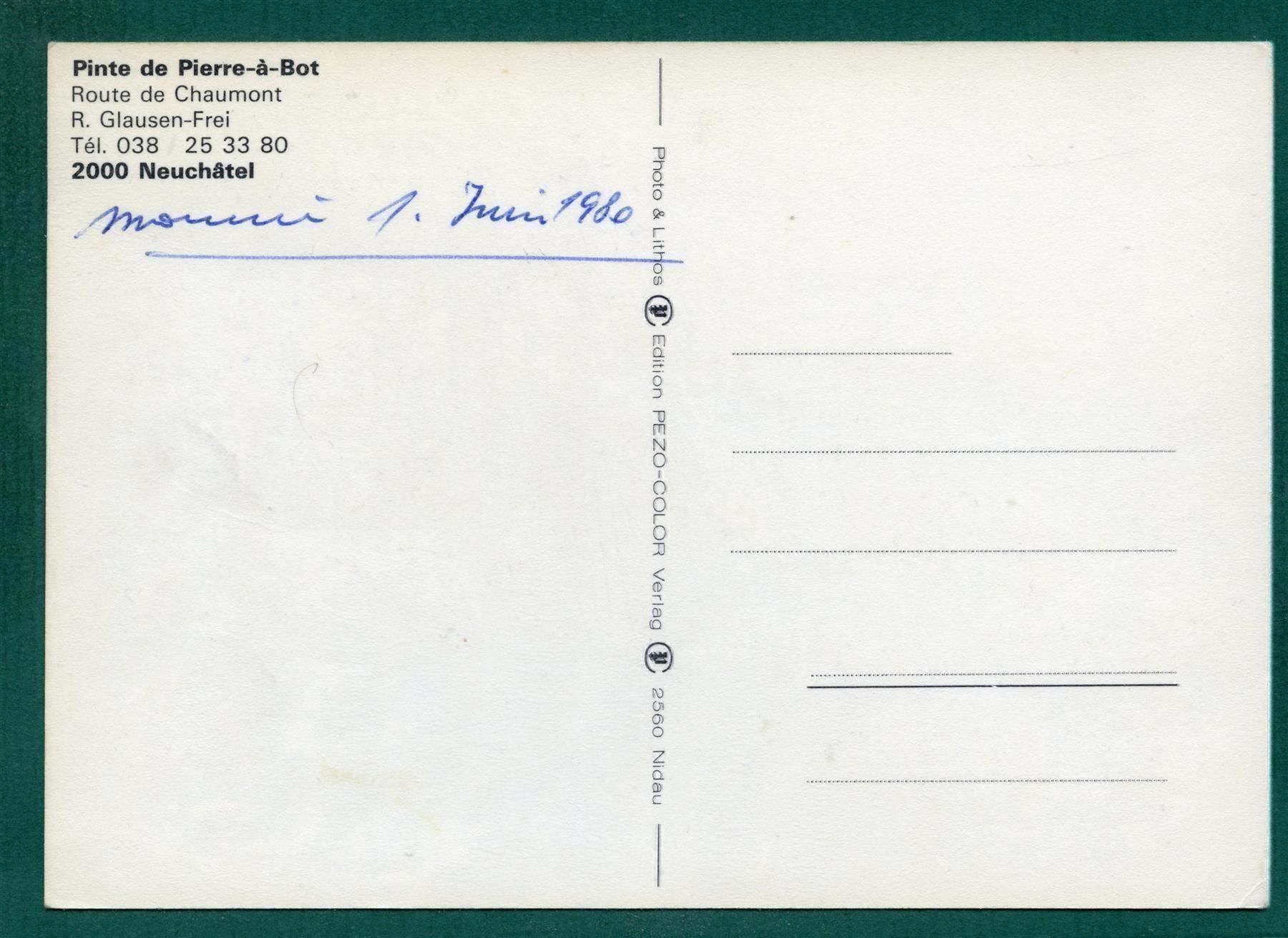 Cartoline postali: Neuchâtel, Pinte de Pierre-à-Bot, 1980, ungelaufen – Usato da Sargans venduto da Hausi1951 1
