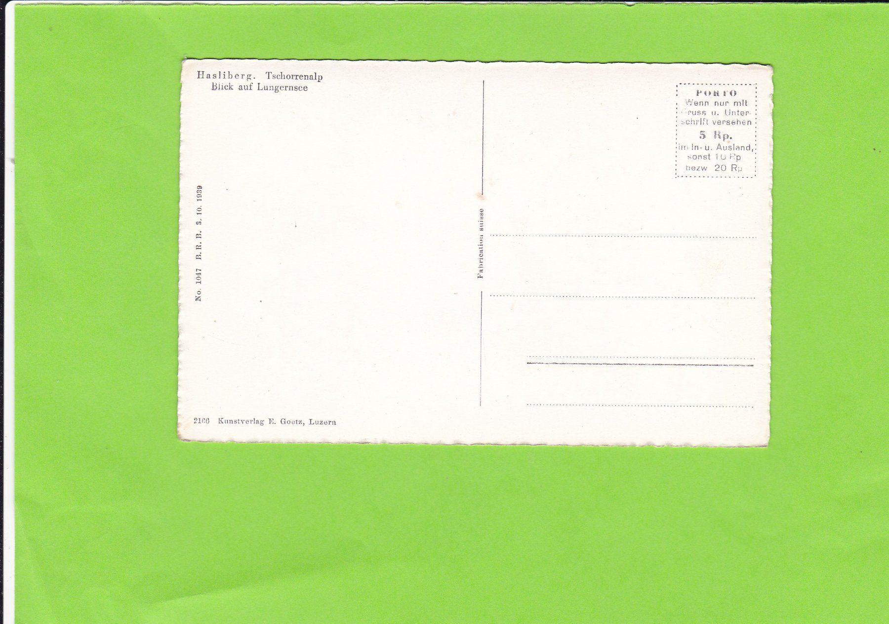 Cartoline postali: Hasliberg. Tschorrenalp-Lungernsee – Usato da St. Peterzell venduto da neckertal 1