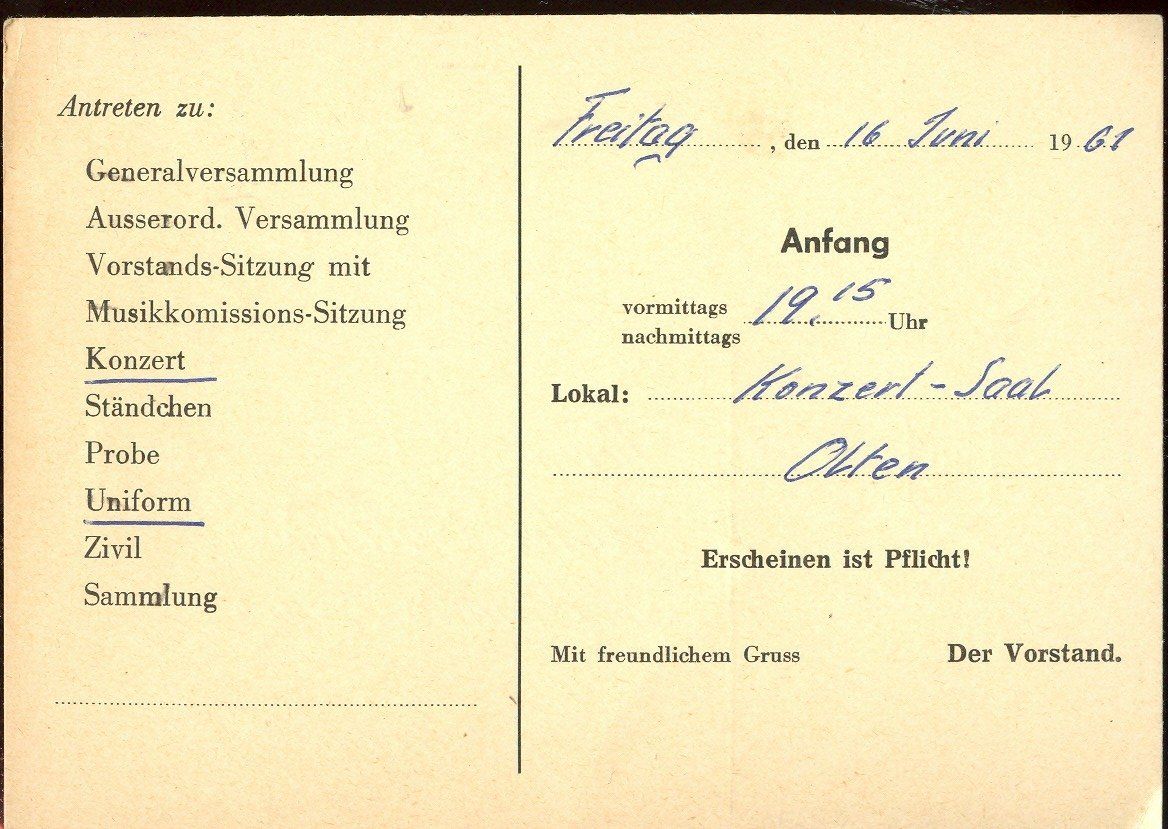 Ansichtskarten: Eisenbahnmusik - Olten - 16.04.1961 – Gebraucht aus Montenol von Vernier2 1