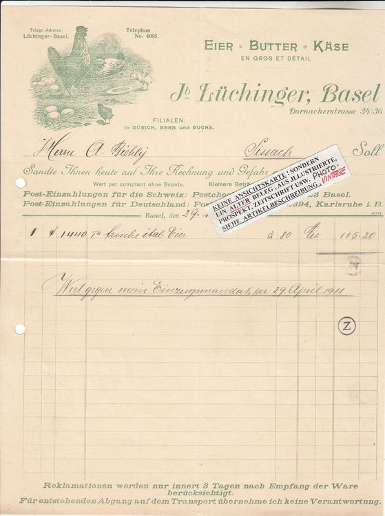 BASEL 1910. EIER,BUTTER, KÄSE LÜCHINGER .KOMPL BRIEFKOPF | Kaufen auf ...