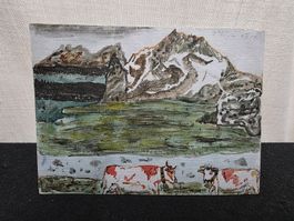 Kleines Ölgemälde Berglandschaft mit Kühen auf Holz