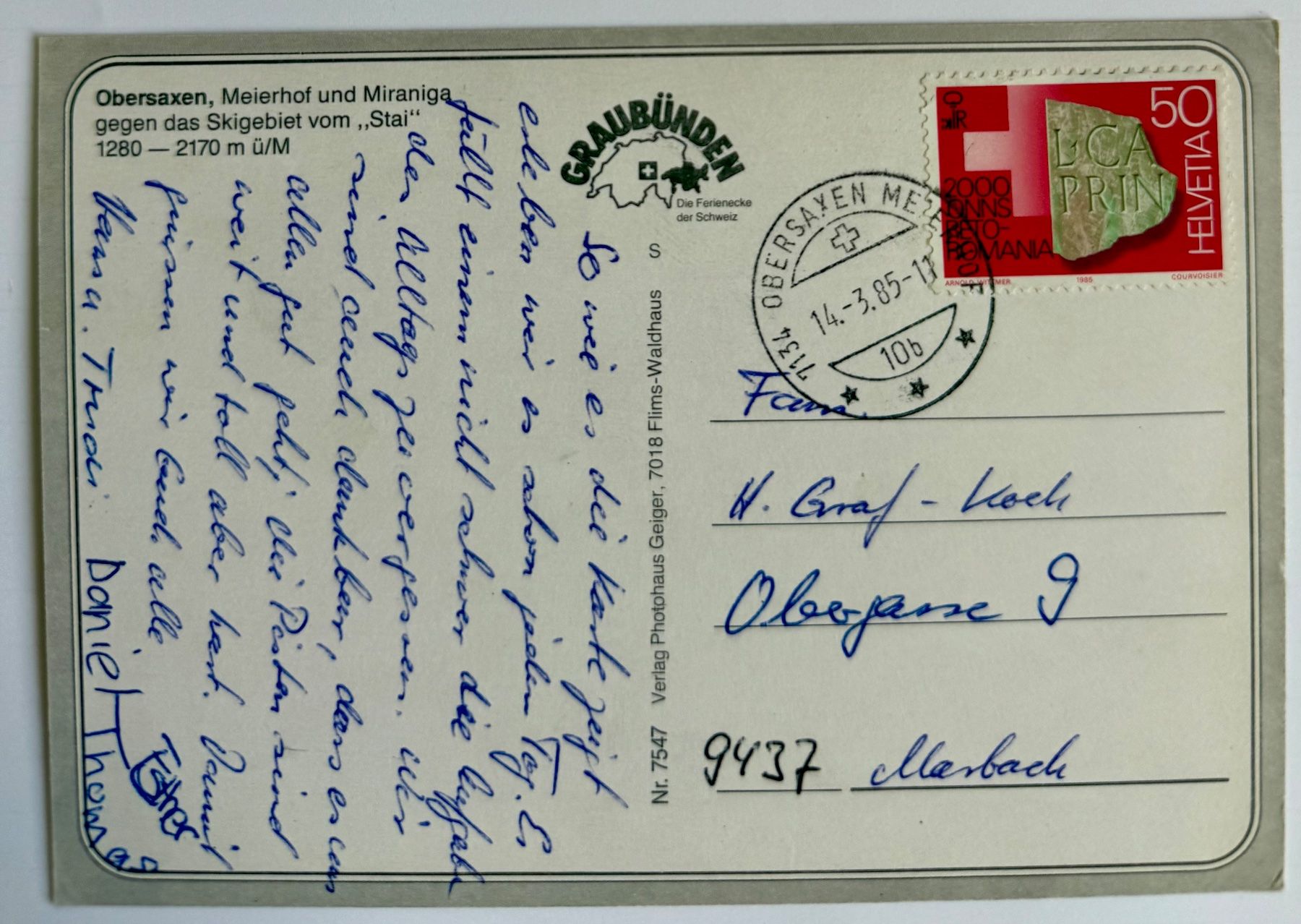 Cartoline postali: Obersaxen - Winter 1985 – Usato da Lutry venduto da Ediego 1