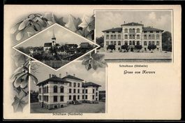 AK Kerzers, Schulhaus von der Süd- und Nordseite, Kirche