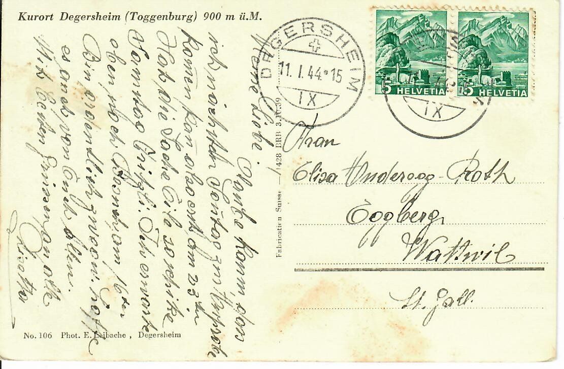 Cartoline postali: Kurort Degersheim 1944 – Usato da Hochdorf venduto da Ziegel-16 1