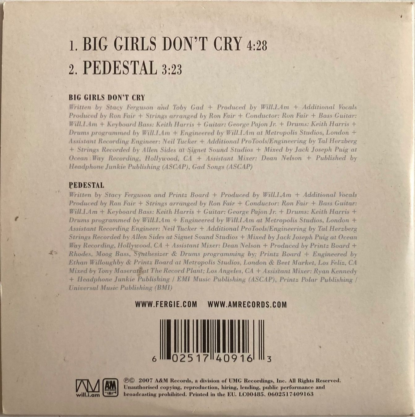 CDs: FERGIE - BIG GIRLS DON'T CRY – D'occasion à Poliez-Pittet par Newtown-Records 1