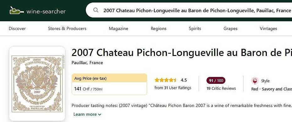 Vino: Chateau Pichon Longueville 2007 – Usato da Porza venduto da Marti24 1