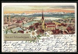 Litho Zürich, See mit Schneebergen und 
