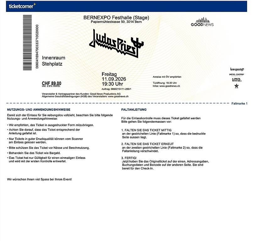 Tickets: 2 Tickets Judas Priest – Neu und originalverpackt aus Dintikon von Arktis00