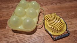 Vintage ,6er Picnic-Eierbehälter u. Eierschneider gelb