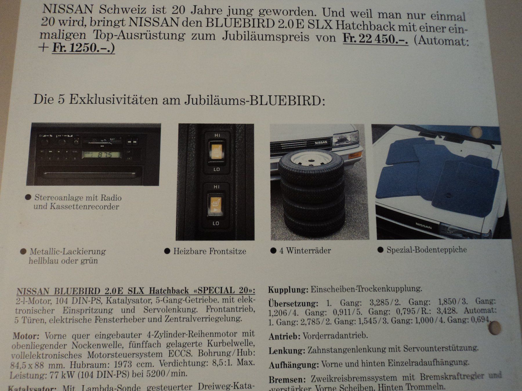 Nissan Documenti: Prospekt Nissan Bluebird "Special 20" 1987 – Usato da Schwarzenburg venduto da modelCARama 3
