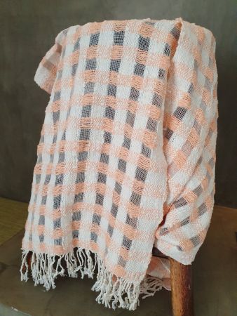 Damenschal, Baumwolle, Handgewebt, Lachsfarben/Weiss