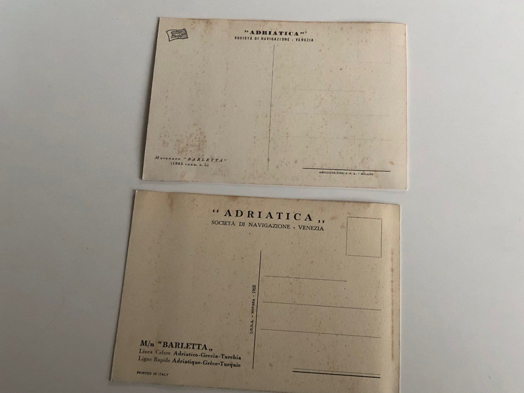 Alle Briefmarken: 2 offiz. Schiffskarten ADRIATICA MS BARLETTA um 1950 – Gebraucht aus Lufingen von Rac0 1