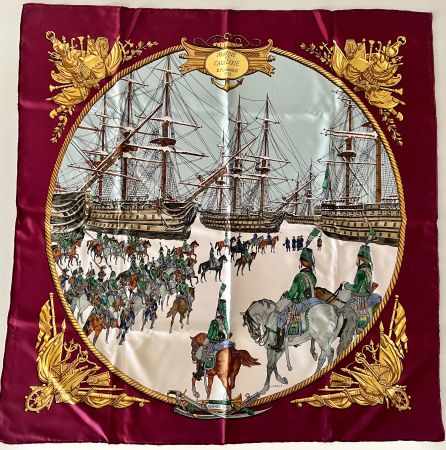 Superbe foulard HERMES-Paris "Marine et Cavalerie" 1966 +box
