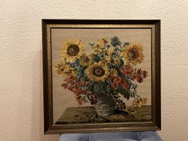 Handgesticktes Wandbild mit Sonnenblumen im Rahmen🌻🖼️