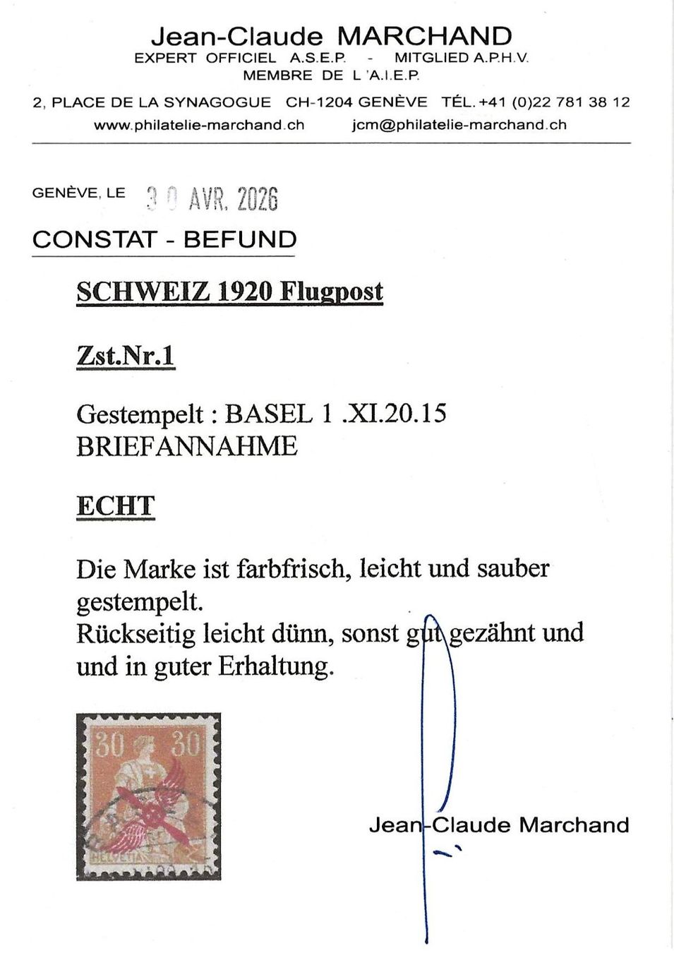 Tutti i francobolli: 1920 : Flugpost Nr. F1 mit Befund - KP 2000.-- – Usato da Gümligen venduto da Geniusbuy 2