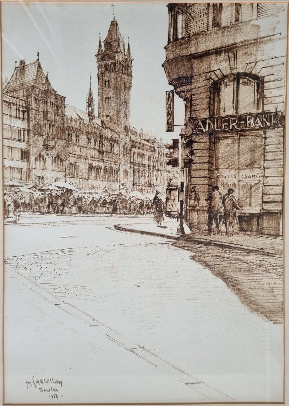 Dipinti: Paride Castellan: Marktplatz Basel 1957, grosse Tuschezeichn – Usato da Basel venduto da Roberto002 1