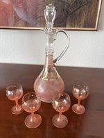 Antikes Likör Set, Karaffe mit 4 Gläsern, Rosa Design!