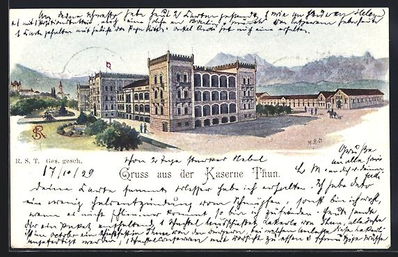 Cartoline postali: Lithographie Thun, Blick auf die Kaserne – Usato da Berlin venduto da bartko-reher