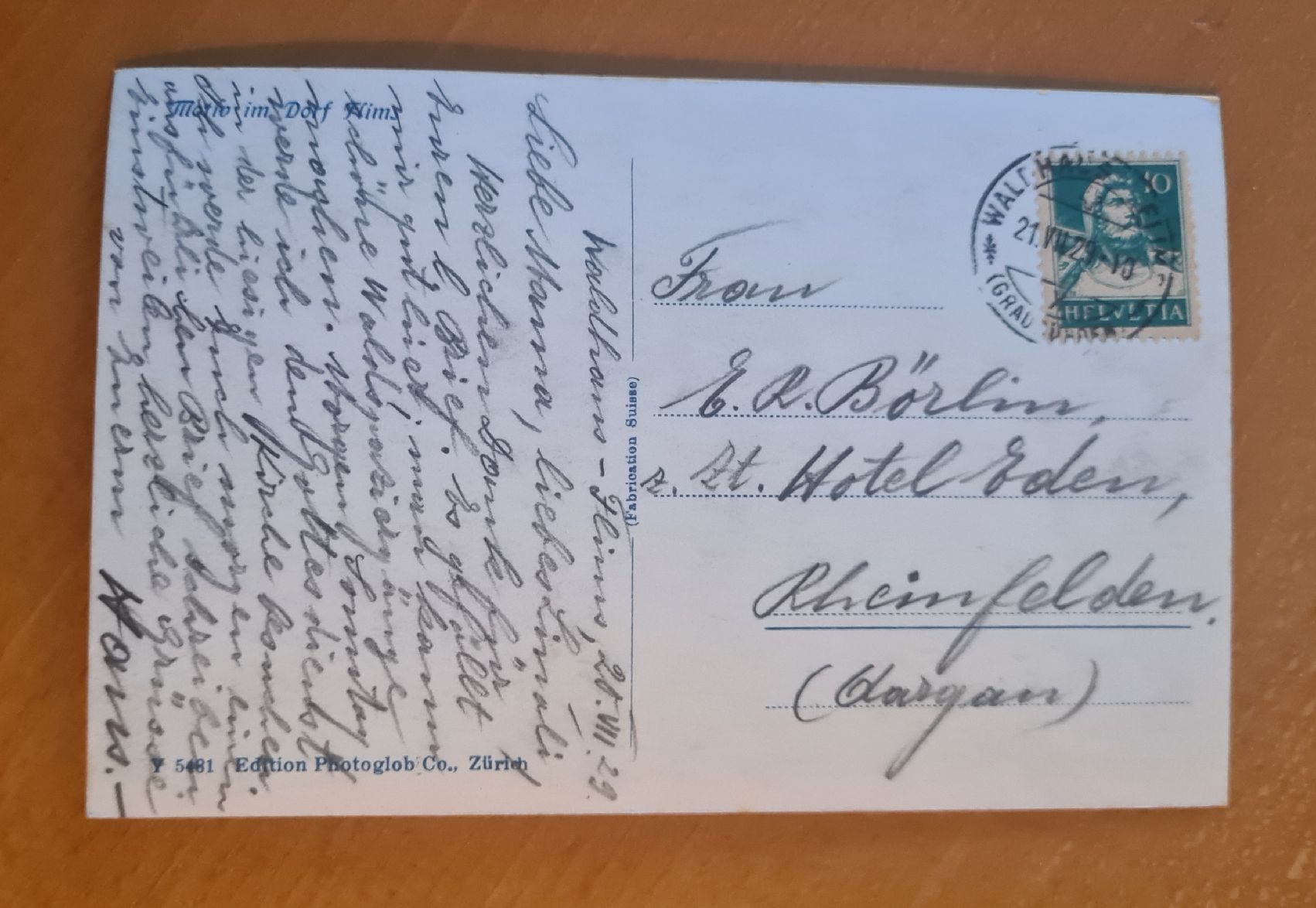 Cartoline postali: Flims 1929 – Usato da Ebikon venduto da Donar50 1