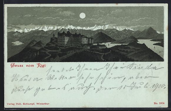 Cartoline postali: Mondschein-Lithographie Rigi, Das Hotel  – Usato da Berlin venduto da bartko-reher