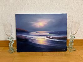 40x30/ handgemaltes Ölgemälde Strand Meer Sonnenuntergang