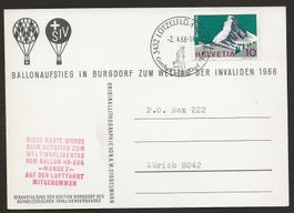 Ballon Schweiz 1966 Burgdorf  Lützelflüh Flugpost Luftpost