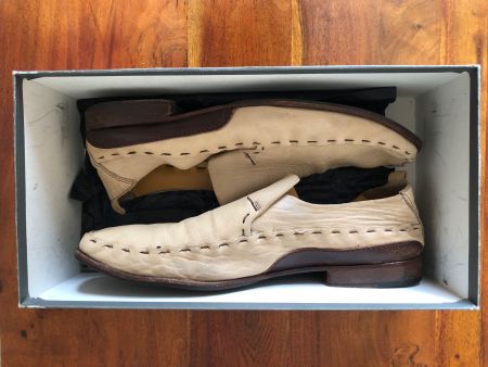 NAVYBOOT LEDER-SLIPPER, GR. 43, BEIGE/CAMELFARBEN, VINTAGE