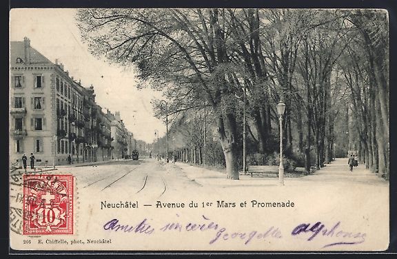 Cartoline postali: Neuchatel, Avenue du 1er Mars et Promena – Usato da Berlin venduto da bartko-reher