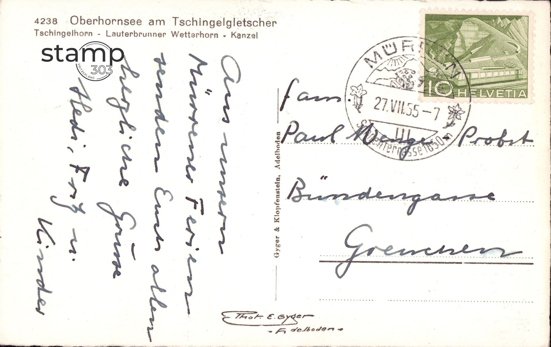 Cartoline postali: 1955 AK Oberhornsee am Tschingelgletscher – Usato da Eggersriet venduto da stamp303 1