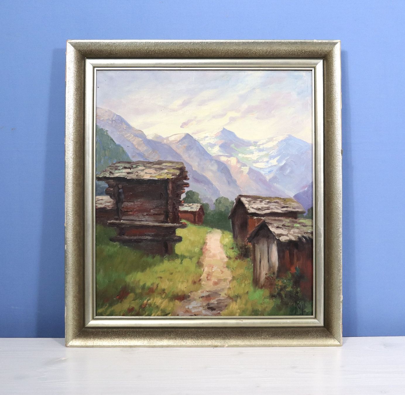 Dipinti: Landschaft mit Walliser Spycher, Gemälde mit Monogramm M R – Usato da Zug venduto da Kunst-Fundgrube 3