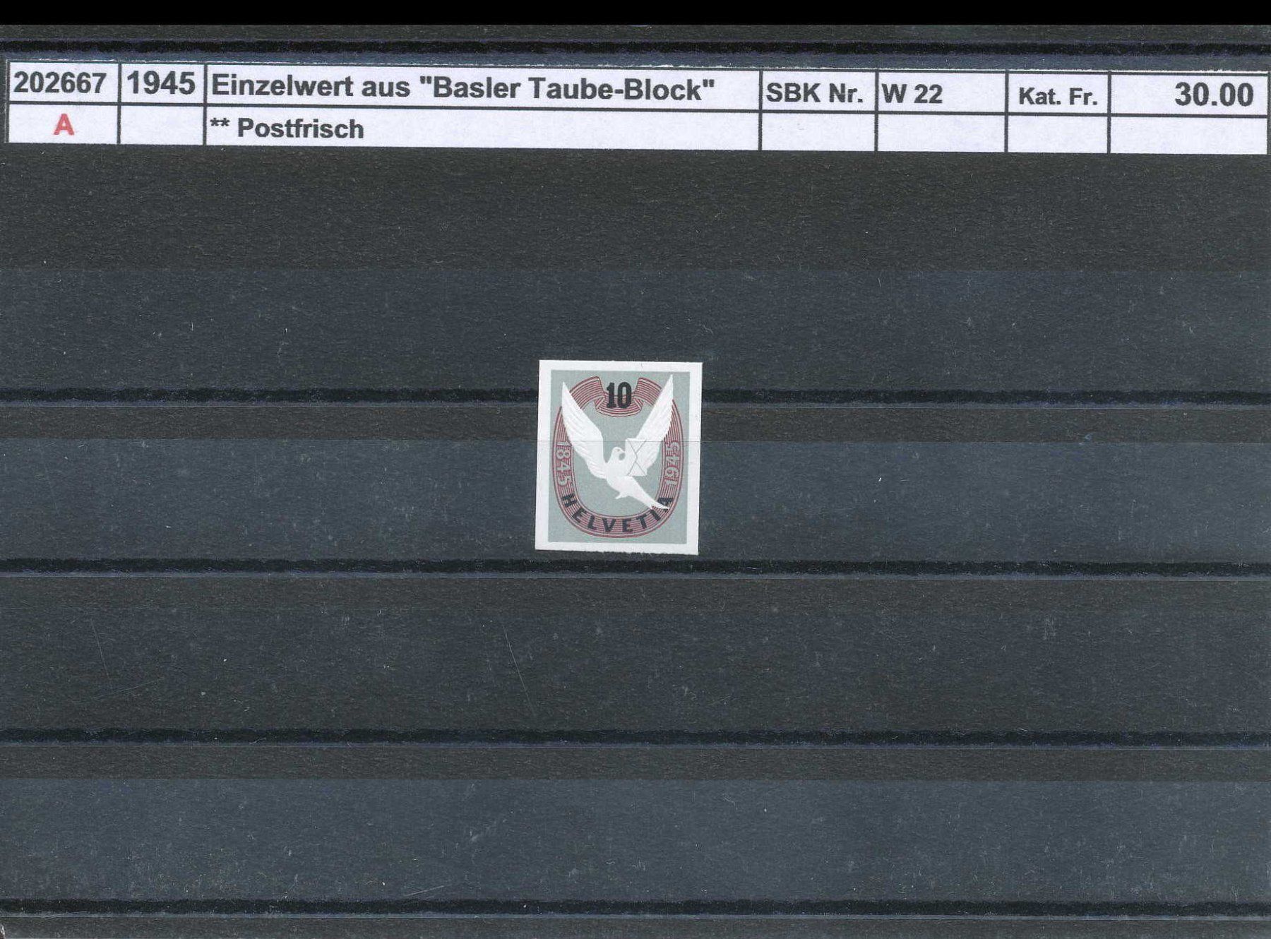 Alle Briefmarken: 1945 Einzelwert aus "Basler Taube - Block", ** postfrisch – Neu (gemäss Beschreibung) aus Winterthur von Zupogeru