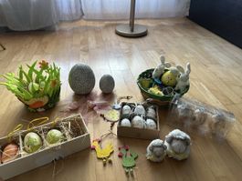 Osterdeko Set Figuren Eier Dekoartikel Küken Hahn Hase Schaf